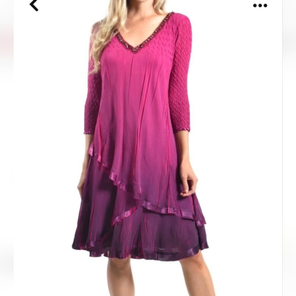 KOMAROV Magenta Ombre Dress Tiered Chiffon Sz. MED NWT